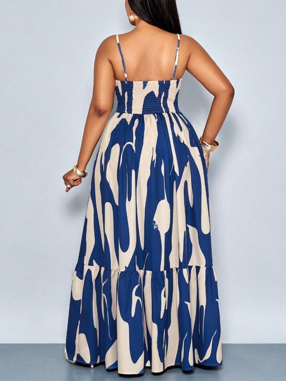 blue Boho Women's Plus Size Elegant Sleeveless Printed Cinched Waist Maxi Dress - Picture 6 of 7